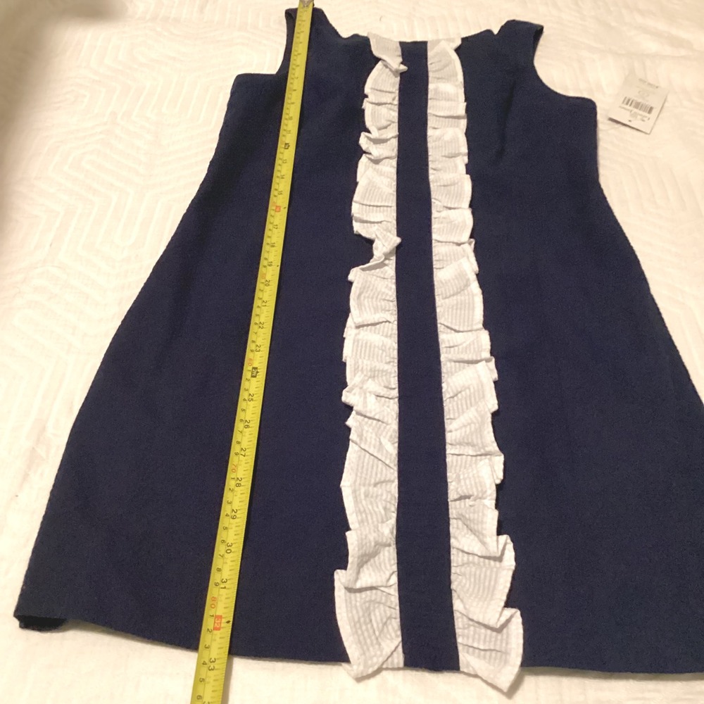 Lauren James Navy Blue Sleeveless Ruffle Front Sheath Dress S Made in USA‎ NWT - Picture 7 of 7